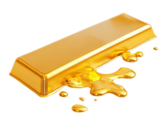 Melting gold bar with dripping liquid, isolated on transparent cutout background