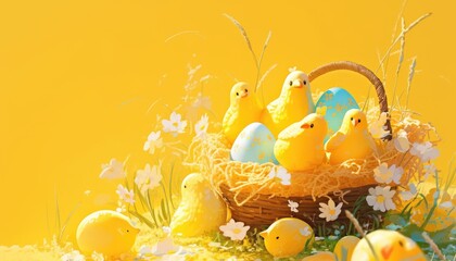 Yellow Chicks and Easter Eggs in a Nest with Daisies