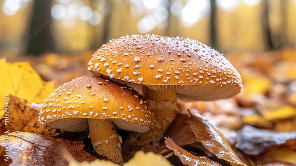 Poster a tranquil forest floor scene showcasing various mushrooms covered in dew, with soft sunlight filter
