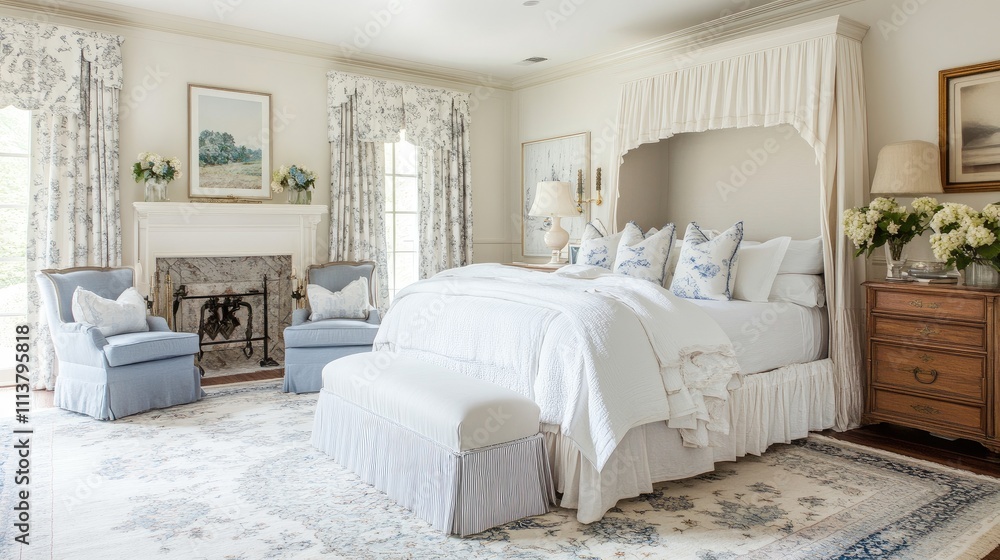 Aufkleber A tranquil white bedroom with a soothing color palette, featuring a large rug and soft furnishings that create a harmonious and inviting environment