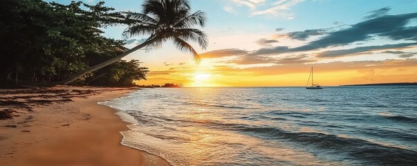 A serene beach scene at sunset, featuring golden skies, a calm sea, a palm tree, and a distant sailboat, creating a tranquil atmosphere.