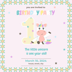 Happy first birthday  with magical unicorn horse with greeting card vector, Happy birthday greeting card  with cute unicorns