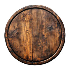 Rustic wooden round board with natural texture, isolated on transparent cutout background