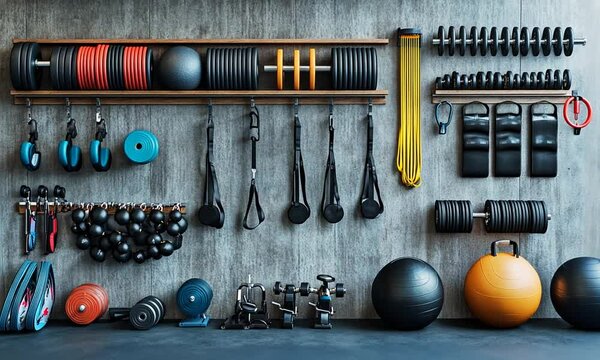 Modern Home Gym Equipment on Wall for Fitness and Exercise Routine