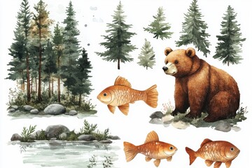 A watercolor illustration featuring a bear, fish, and forest scenery.