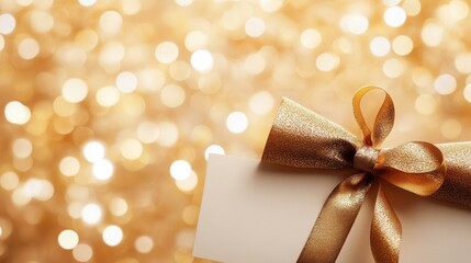 A beautifully wrapped gift box adorned with a golden bow, set against a shimmering golden bokeh background.