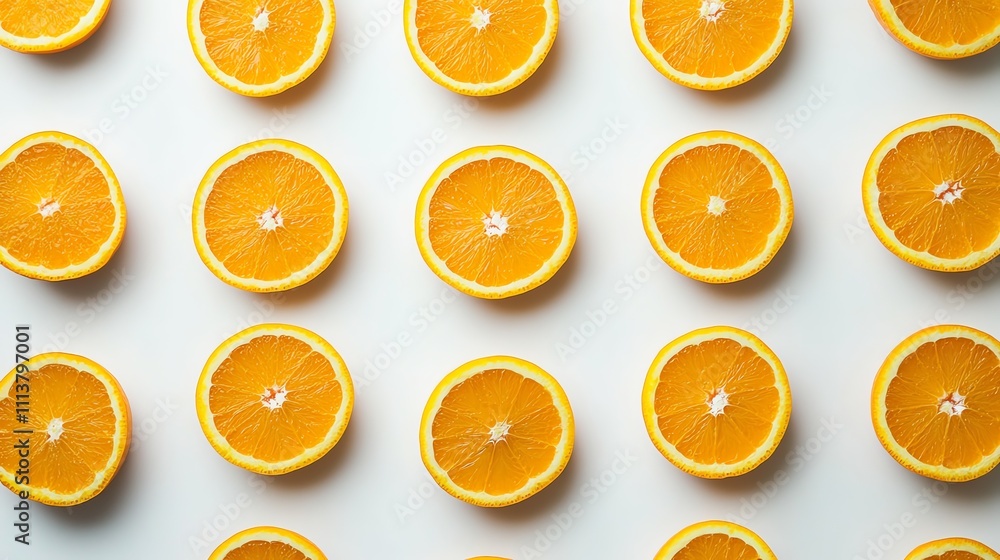 Poster a flat lay of orange slices arranged in rows on a white background.