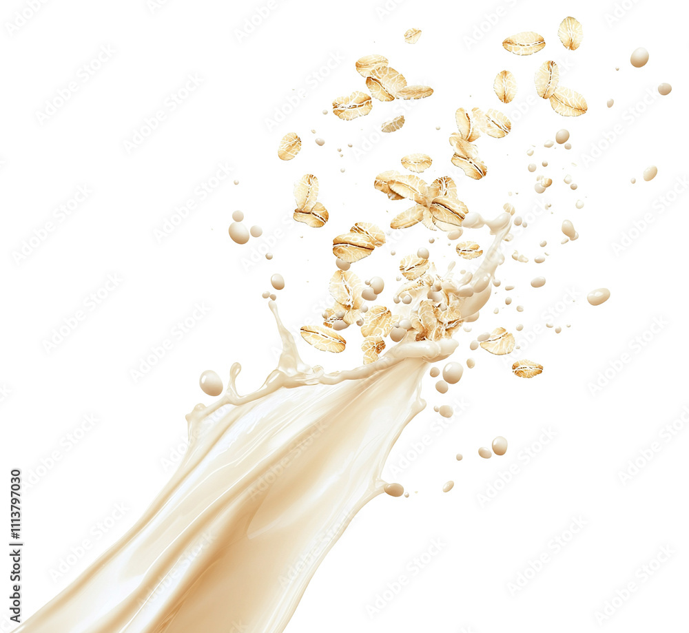 Poster flying oats with milk splash, creating dynamic motion, isolated on transparent cutout background