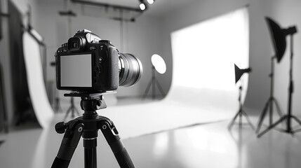 Professional camera setup on tripod in modern photo studio
