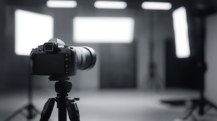 Professional camera on tripod in a sleek modern photo studio