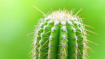 Unique natural indoor cactus. Close-up of a green cactus with sharp spines against a soft green background.