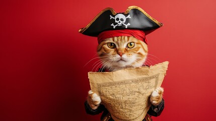 Cute orange tabby cat dressed as a pirate holding a treasure map.