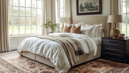 A cozy bedroom featuring a plush bed, warm tones, decorative pillows, and natural light streaming through large windows.