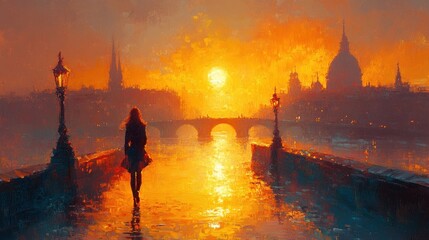 Fototapeta premium Woman Walking on a City Bridge at Golden Hour with Soft Sunlight Reflecting off Water