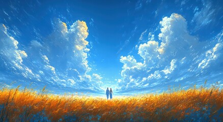 Jesus Walking with a Christian Youth in a Serene Landscape Under Blue Skies Symbolizing Guidance, Friendship, and Spiritual Peace
