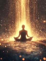 Obraz premium Silhouette of Meditating Figure in Golden Cascade
