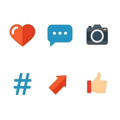 Fototapeta premium High-Resolution Social Media Icons, a heart, chat bubble, camera, hashtag, share arrow, and like thumb icon set