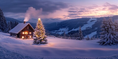 a christmas tree with candles stands in the snow next to a lonely romantically lit hut in mountains