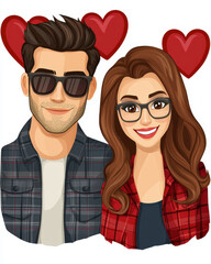 Obraz premium Couple illustration with hearts, showcasing love and connection. man wears sunglasses and plaid shirt, while woman has glasses and cheerful smile, embodying joy and affection
