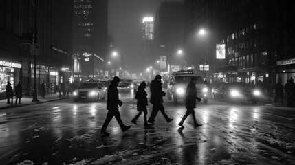 People crossing snowy street in manhattan at night