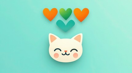 Obraz premium A simple, cheerful cat face with subtle blush on cheeks on a light teal background; above, three hearts in vibrant shades of orange, green, and blue radiate warmth.