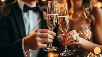 Elegant celebration with a couple clinking champagne glasses at a party