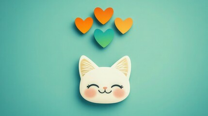 A simple, cheerful cat face with subtle blush on cheeks on a light teal background; above, three hearts in vibrant shades of orange, green, and blue radiate warmth.
