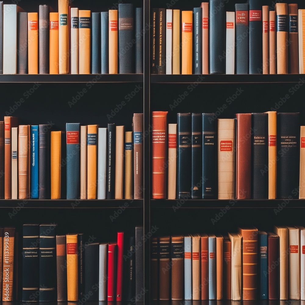 Poster bookshelf filled with various books of different colors and sizes.