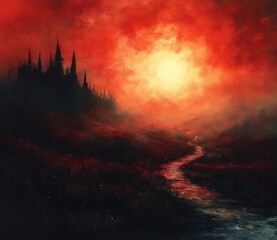 Fototapeta premium Surreal Landscape with Red Sky Chiaroscuro Abstract Shapes and Blurred Forms