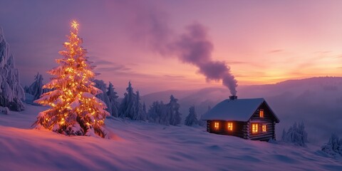 a Christmas tree with candles stands in the snow next to a lonely romantically lit hut in mountains
