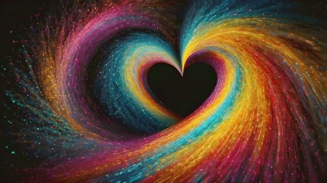 repeating movements of rainbow colored glitter that form a heart symbol pattern in the middle on a black background