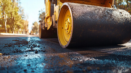 Close-up of asphalt roller compacting a newly paved road