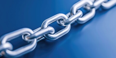 Obraz premium Technology information blockchain concept. A close-up view of a shiny metal chain against a blue background, emphasizing its links and industrial design.