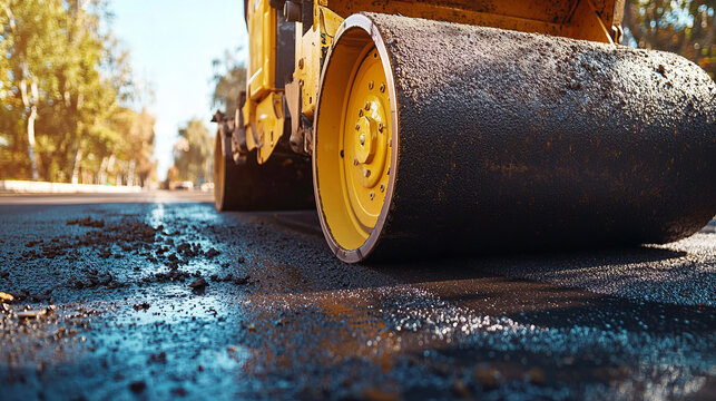 Close-up of asphalt roller compacting a newly paved road