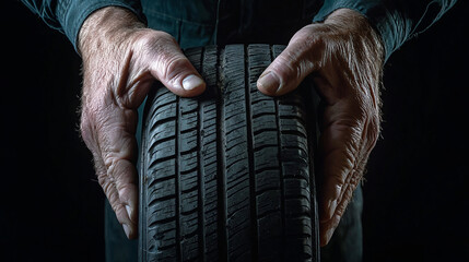 Close-up of mechanic's hands holding a new car tire