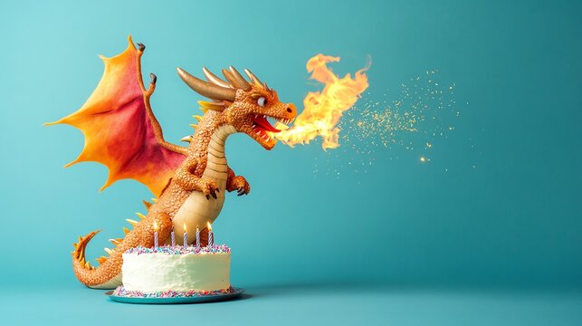 Naklejki A dragon toy blowing out candles on a birthday cake.