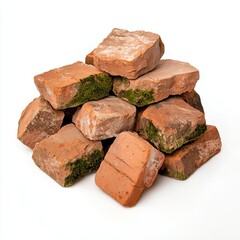 bricks materials durability concept. A pile of weathered bricks with moss details, isolated on white, symbolizing resilience and the passage of time