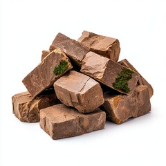 bricks materials durability concept. A pile of weathered bricks with moss details, isolated on white, symbolizing resilience and the passage of time