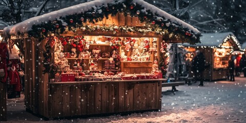 Obraz premium a romantically illuminated stall with arts and crafts at Christmas market in the evening in deep snow