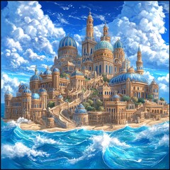 Fototapeta premium Coastal city with blue-domed buildings on a sunny day.