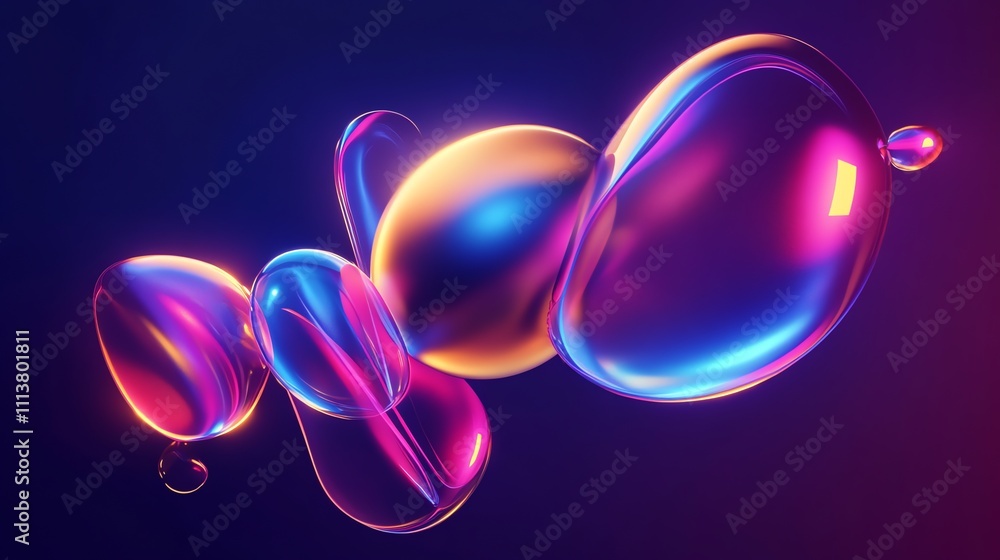 Poster abstract 3d rendering of colorful glowing bubbles on a dark background.