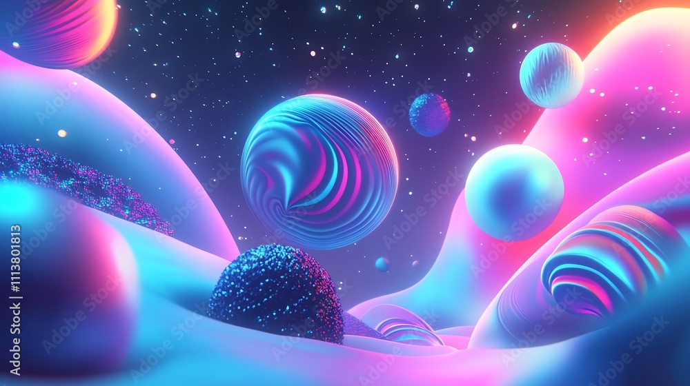 Poster abstract 3d render of a neon-colored landscape with glowing orbs.