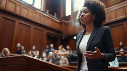 Female lawyer passionately presenting case in courtroom setting