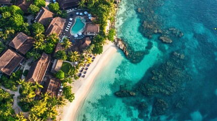 Aerial view of tropical resort with beach and ocean.
