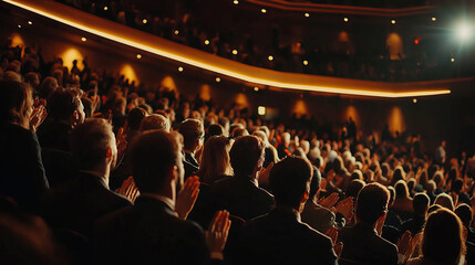 Large audience applauding in a dimly lit conference hall