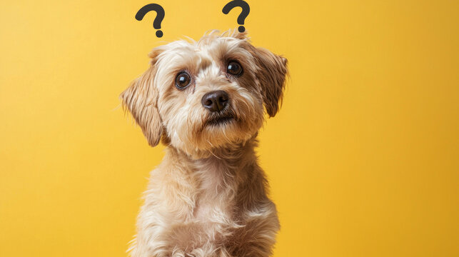 Cute confused little dog with question marks on yellow background