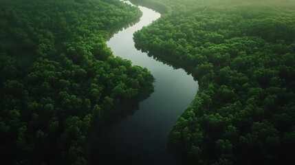 Fototapeta premium A winding river flows through a dense green forest.