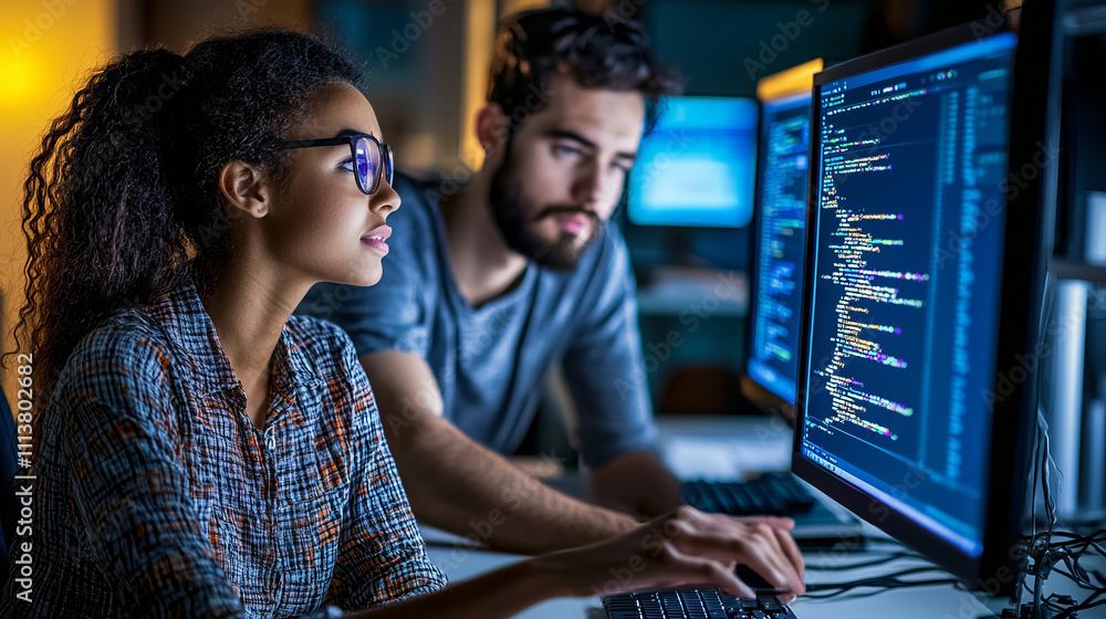 Poster diverse young professionals focused on computer programming in office