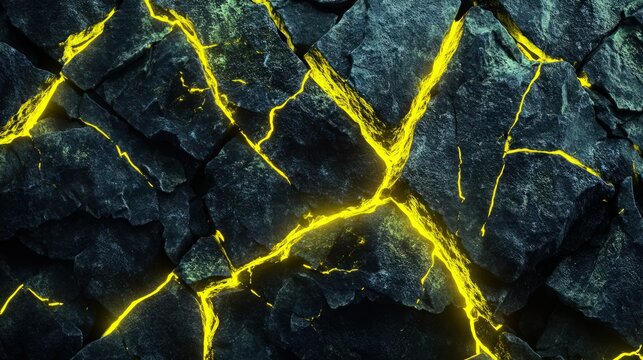A fragmented stone surface with deep grooves and sharp edges, featuring bright yellow neon veins pulsating through the cracks. 