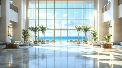 A bright and spacious lobby with large windows overlooking a beautiful ocean view.